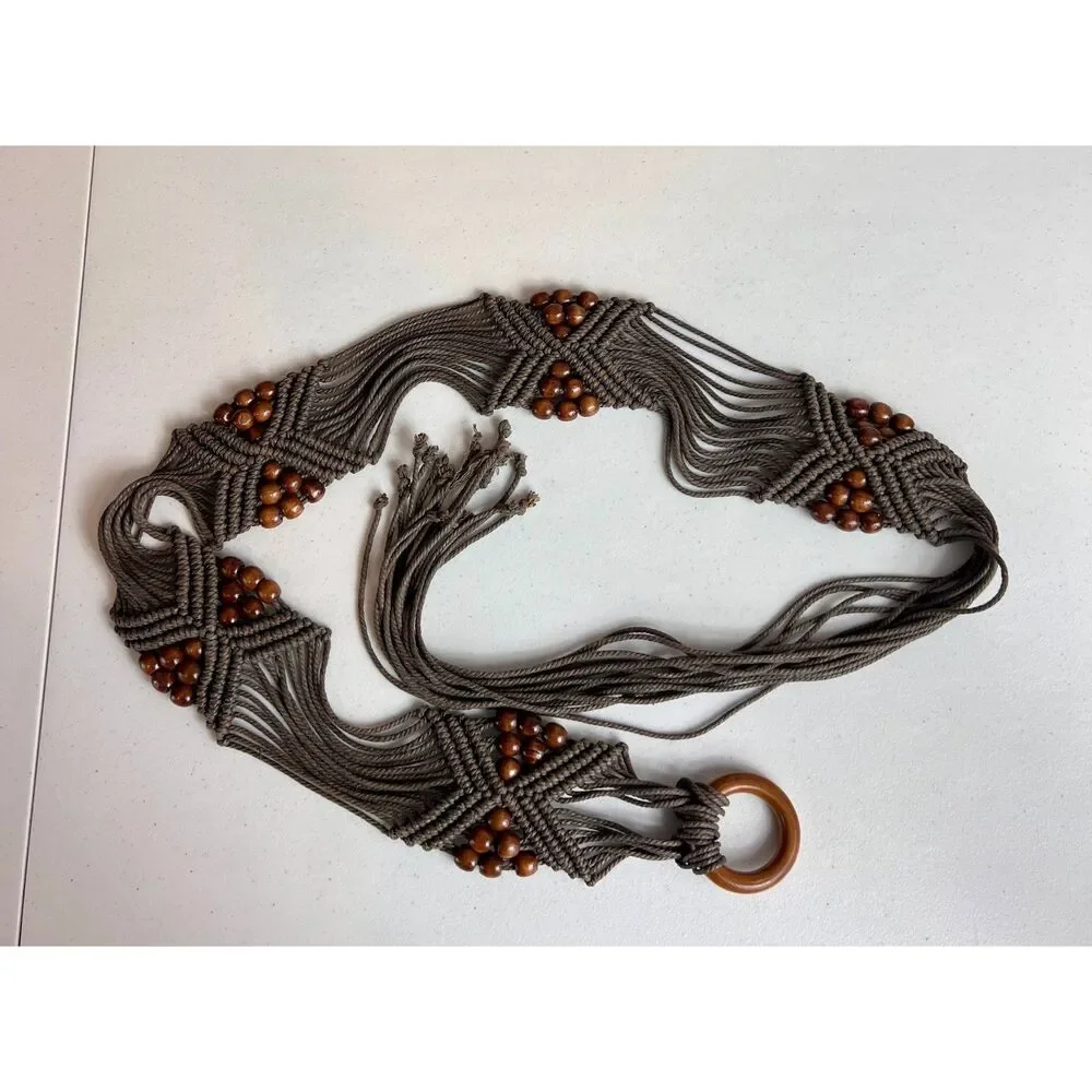 Brown Woven Boho Tie Belt Wood Beads Women's One Size (See Measurements)